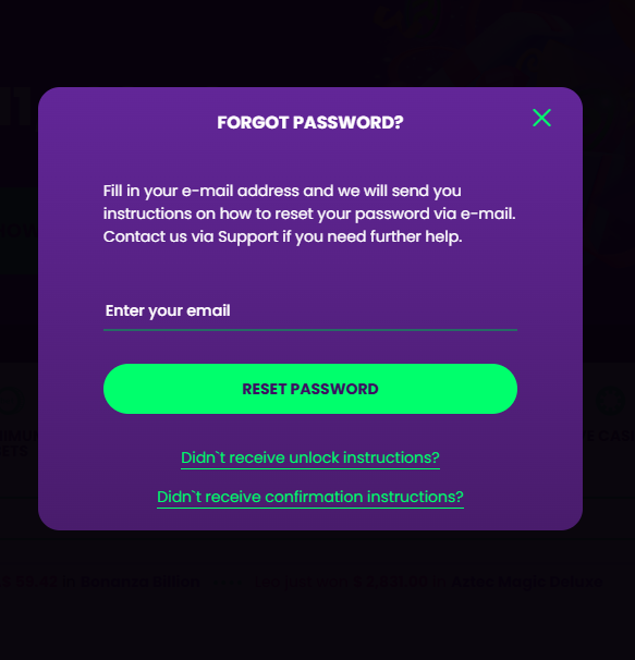 Casino Rocket reset password